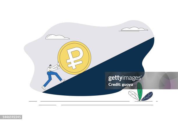 men pushing russian rubles uphill. - uphill stock illustrations