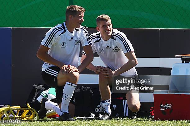 Lars Bender and Sven Bender prepares for a Germany training session at Campo Sportivo Comunale Andrea Corda on May 17, 2012 in Abbiadori, Italy.