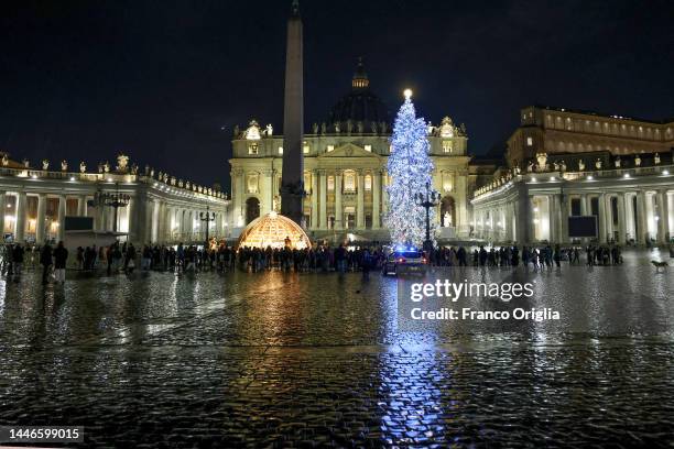 The christmas tree in St Peter's Square stands illuminated on December 03, 2022 in Rome, Italy.