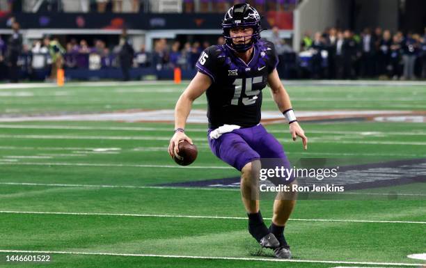 Max Duggan of the TCU Horned Frogs carries the ball against the Kansas State Wildcats in the second half of the Big 12 Football Championship at AT&T...