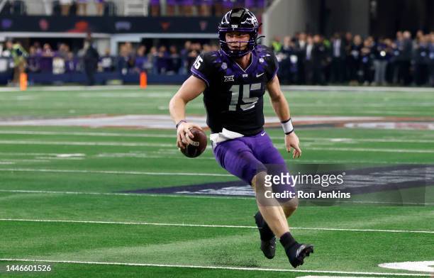Max Duggan of the TCU Horned Frogs carries the ball against the Kansas State Wildcats in the second half of the Big 12 Football Championship at AT&T...