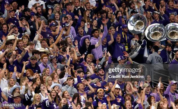 Kansas State Wildcats fans celebrate against the TCU Horned Frogs in the Big 12 Football Championship at AT&T Stadium on December 3, 2022 in...