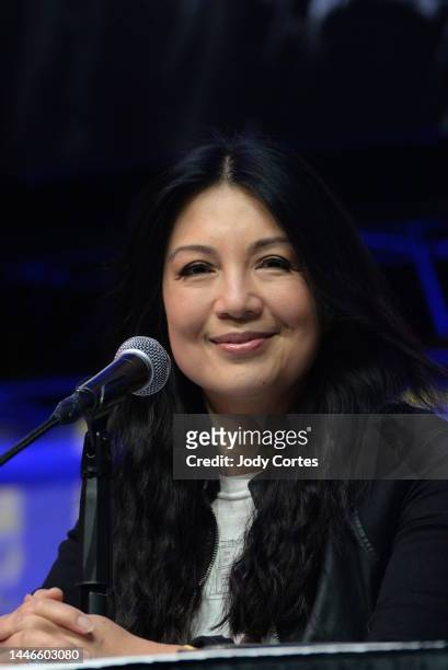 Ming-Na Wen on the mainstage for "The Mandalorian" Panel on Day Two of the 2022 Los Angeles Comic Con held at Los Angeles Convention Center on...