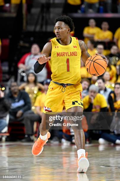 Jahmir Young of the Maryland Terrapins handles the ball against the Illinois Fighting Illini at Xfinity Center on December 02, 2022 in College Park,...