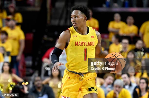 Jahmir Young of the Maryland Terrapins handles the ball against the Illinois Fighting Illini at Xfinity Center on December 02, 2022 in College Park,...