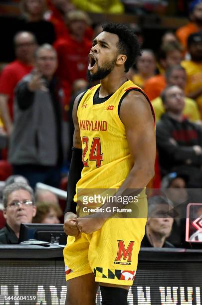 Donta Scott of the Maryland Terrapins celebrates during the game against the Illinois Fighting Illini at Xfinity Center on December 02, 2022 in...