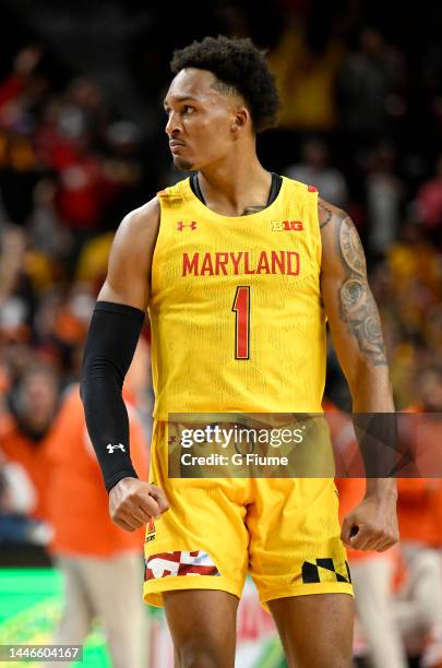 Jahmir Young of the Maryland Terrapins celebrates after scoring in the second half against the Illinois Fighting Illini at Xfinity Center on December...