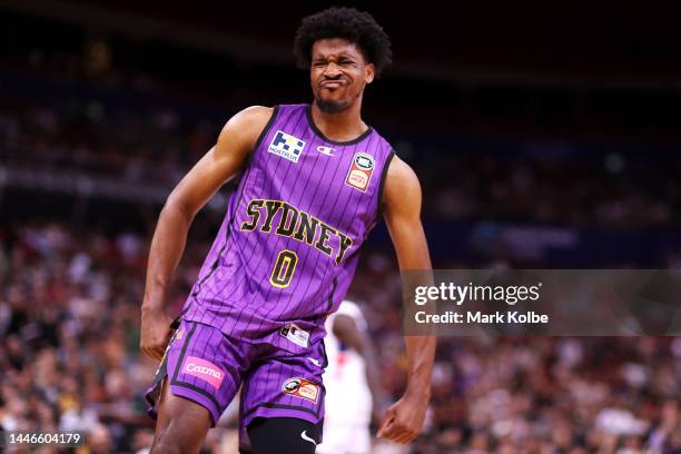 Justin Simon of the Kings celebrates after a dunk during the round 9 NBL match between the Sydney Kings and the Adelaide 36ers at Qudos Bank Arena,...