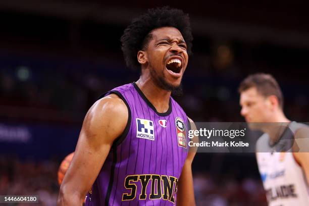 Justin Simon of the Kings celebrates after a dunk during the round 9 NBL match between the Sydney Kings and the Adelaide 36ers at Qudos Bank Arena,...