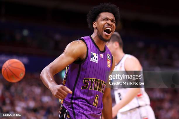 Justin Simon of the Kings celebrates after a dunk during the round 9 NBL match between the Sydney Kings and the Adelaide 36ers at Qudos Bank Arena,...