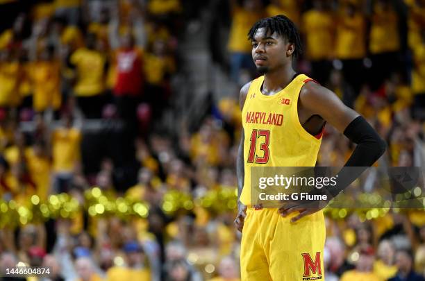 Hakim Hart of the Maryland Terrapins rests during a break in the game against the Illinois Fighting Illini at Xfinity Center on December 02, 2022 in...