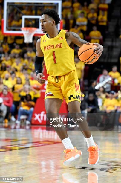 Jahmir Young of the Maryland Terrapins handles the ball against the Illinois Fighting Illini at Xfinity Center on December 02, 2022 in College Park,...