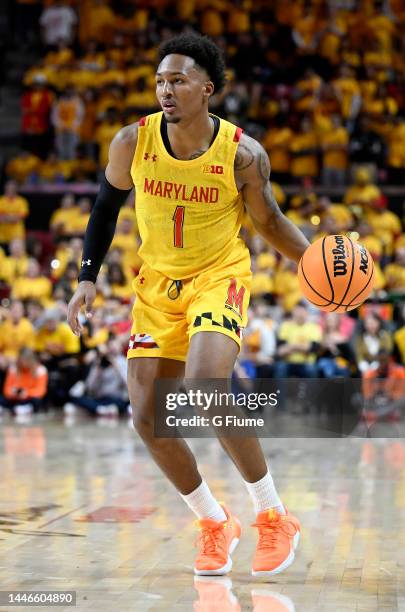 Jahmir Young of the Maryland Terrapins handles the ball against the Illinois Fighting Illini at Xfinity Center on December 02, 2022 in College Park,...