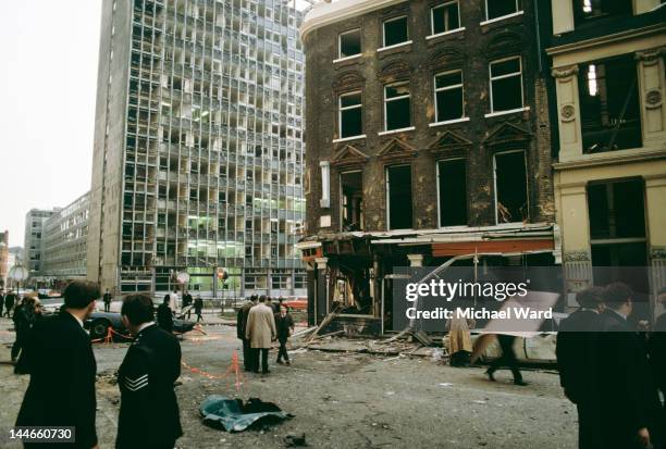 The scene outside the Old Bailey in London after an IRA car bomb exploded, killing one person and injuring 200, 8th March 1973.