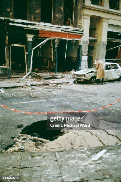 The scene outside the Old Bailey in London after an IRA car bomb exploded, killing one person and injuring many, 8th March 1973.