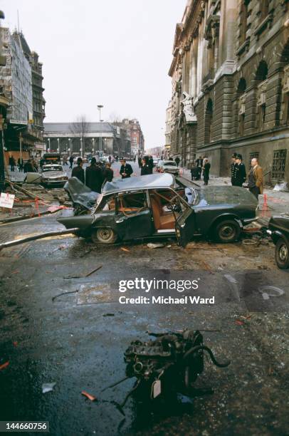 The scene outside the Old Bailey in London after an IRA car bomb exploded, killing one person and injuring many, 8th March 1973. Looking north along...