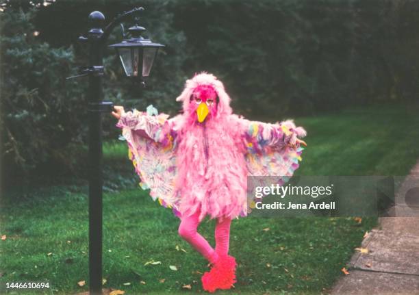 funny halloween costume, vintage halloween, vintage child wearing costume, 1990s bird costume - halloween craft stock pictures, royalty-free photos & images