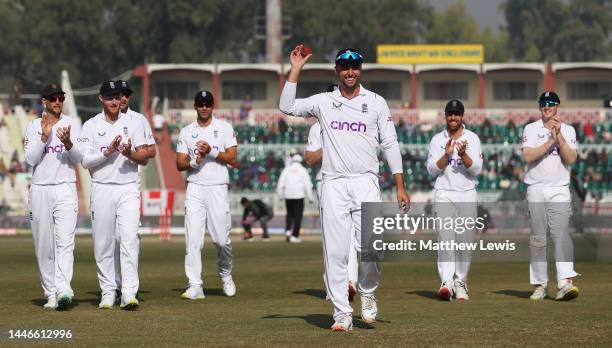 Will Jacks of England salutes the crowd as he leaves the field after taking a six wicket haul during the First Test Match between Pakistan and...