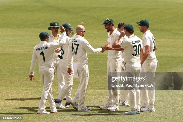 Nathan Lyon and Mitchell Starc of Australia celebrate the wicket of Roston Chase of the West Indies during day five of the First Test match between...