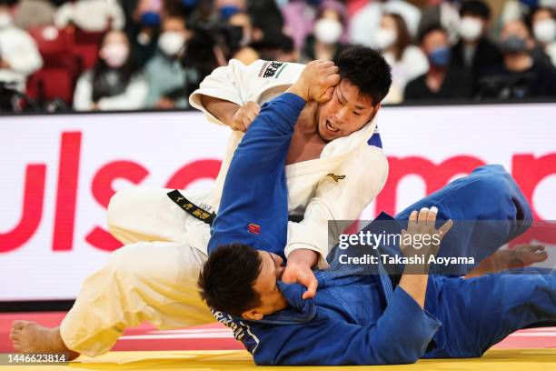 Kokoro Kageura of Japan competes against Galymzhan Krikbay of Kazakhstan in the Men’s + 100kg Quarter Final on day two of the Judo Grand Slam at...