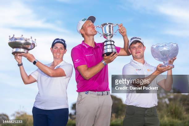 Ashleigh Buhai of South Africa, Adrian Meronk of Poland and Kipp Popert of England hold their trophies after winning the 2022 ISPS HANDA Australian...
