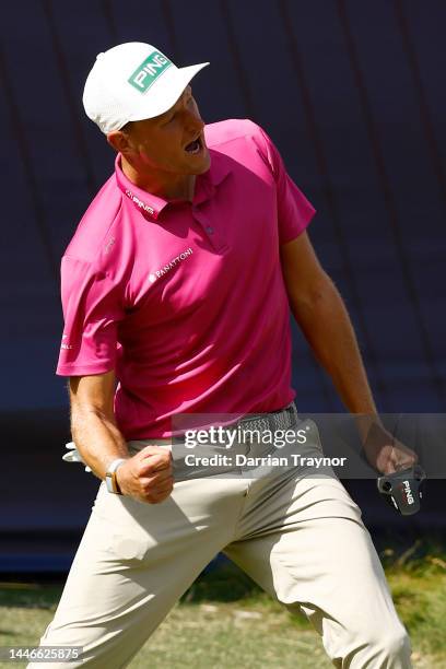 Adrian Meronk reacts after winning the 2022 ISPS HANDA Australian Open at Victoria Golf Club on December 04, 2022 in Melbourne, Australia.