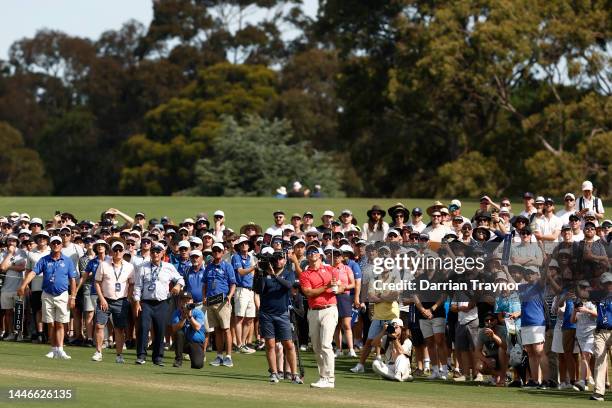 Adam Scott plays his second shot on the 18th hole during Day 4 of the 2022 ISPS HANDA Australian Open at Victoria Golf Club on December 04, 2022 in...