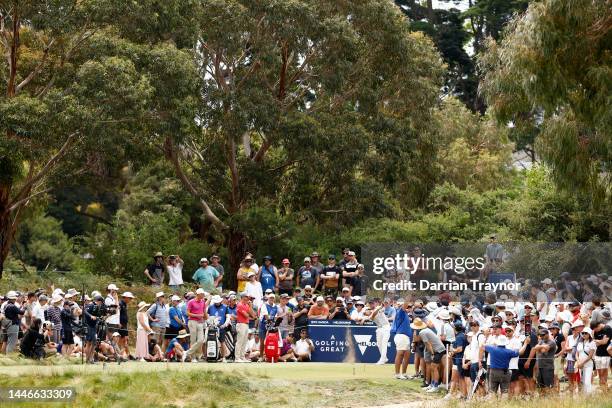 Min Woo Lee plays hie tee shot on the 11th hole during Day 4 of the 2022 ISPS HANDA Australian Open at Victoria Golf Club on December 04, 2022 in...