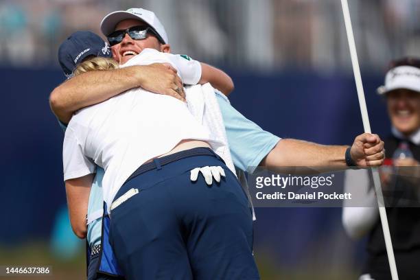 Ashleigh Buhai of South Africa celebrates with her husband David Buhai after winning the 2022 ISPS HANDA Australian Open at Victoria Golf Club on...