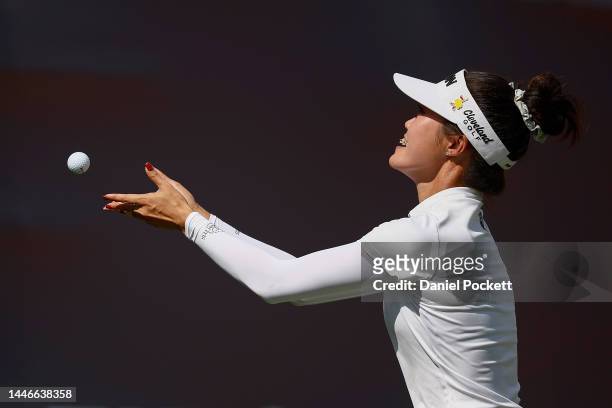 Grace Kim of Australia throws a ball to fans at the conclusion of Day 4 of the 2022 ISPS HANDA Australian Open at Victoria Golf Club on December 04,...