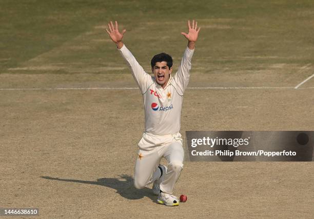 Naseem Shah of Pakistan appeals unsuccessfully for the wicket of Zak Crawley of Pakistan during the fourth day of the first Test between Pakistan and...