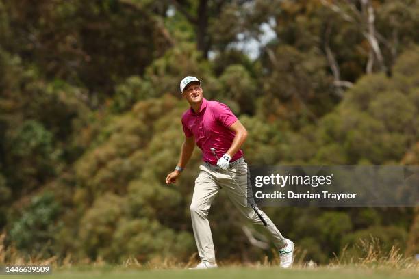 Adrian Meronk runs to see his shot on the 12th hole during Day 4 of the 2022 ISPS HANDA Australian Open at Victoria Golf Club on December 04, 2022 in...