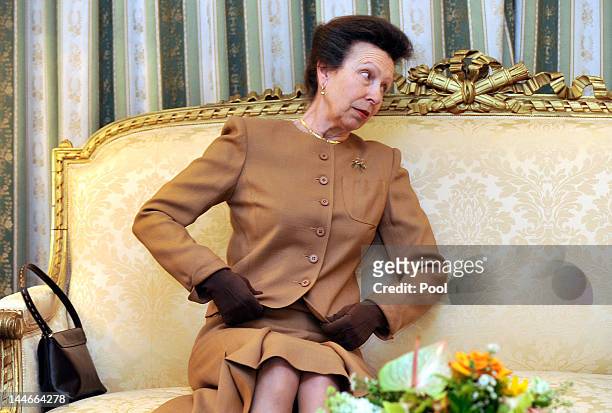 Princess Anne, Princess Royal meets with Greek President Karolos Papoulias at the Presidental Palace during the Olympic flame hand over meeting on...