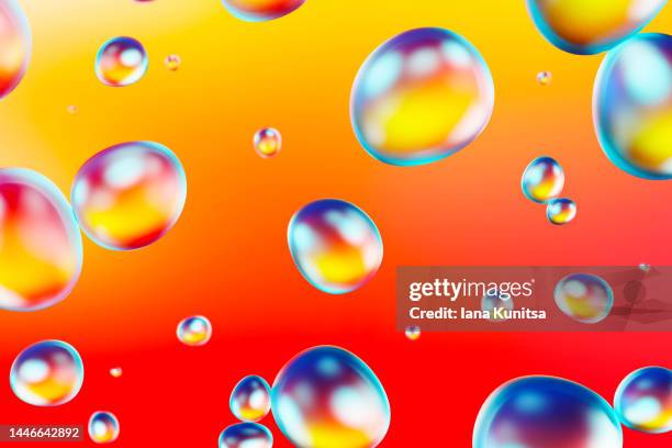 multicolored chemical rainbow molecules. 3d bubbles pattern. colorful liquid drops. cosmetic products for makeup and skin care. - red jelly stock pictures, royalty-free photos & images