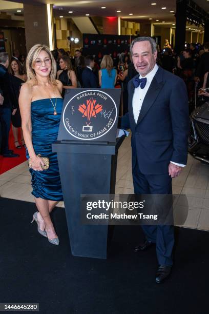 Linda Frum and David Frum attend the unveiling of the Canada’s Walk of Fame 2022 commemorative plaque to celebrate Barbara Frum's induction during...