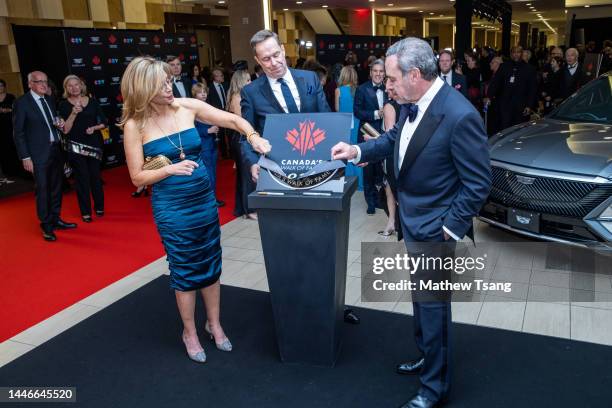 Linda Frum, Jeffrey Latimer, and David Frum attend the unveiling of the Canada’s Walk of Fame 2022 commemorative plaque to celebrate Barbara Frum's...