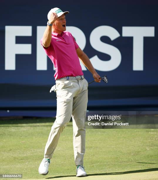 Adrian Meronk of Poland celebrates winning the 2022 ISPS HANDA Australian Open at Victoria Golf Club on December 04, 2022 in Melbourne, Australia.