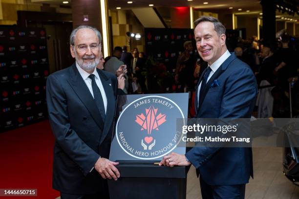 James Temerty and Jeffrey Latimer attend the unveiling of Jame's Canada’s Walk of Fame 2022 National Hero Honouree commemorative plaque during the...
