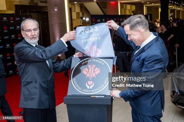 James Temerty and Jeffrey Latimer attend the unveiling of Jame's Canada’s Walk of Fame 2022 National Hero Honouree commemorative plaque during the...