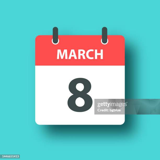 march 8 - daily calendar icon on blue green background with shadow - written date stock illustrations