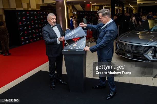 Graham Greene and Jeffrey Latimer attend the unveiling of Graham's Canada’s Walk of Fame 2021 commemorative plaque for Arts & Entertainment during...