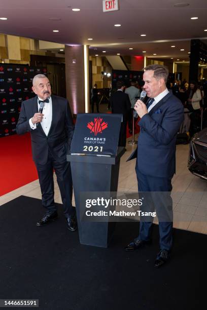 Graham Greene and Jeffrey Latimer attend the unveiling of Graham's Canada’s Walk of Fame 2021 commemorative plaque for Arts & Entertainment during...