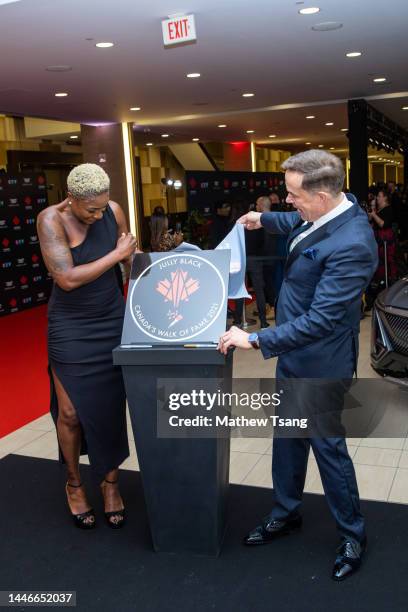 Jully Black and Jeffrey Latimer attend the unveiling of Jully's Canada’s Walk of Fame 2021 commemorative plaque to celebrate her induction for Arts &...