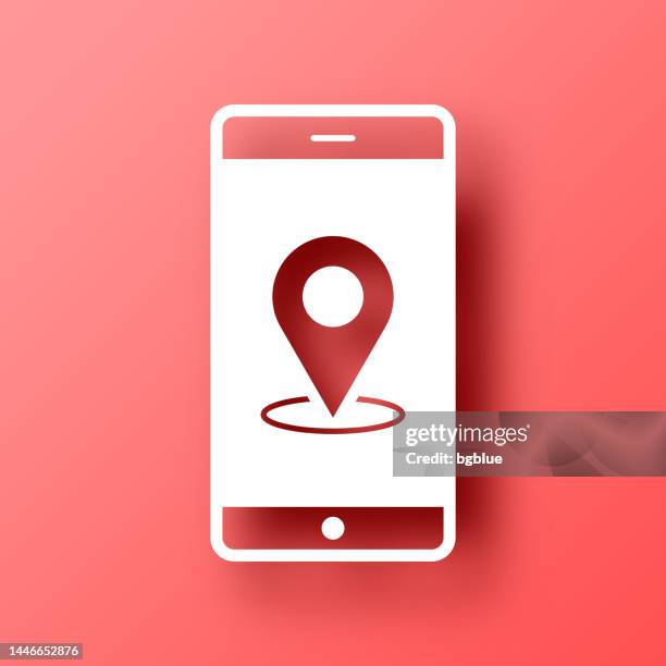 smartphone with location pin. icon on red background with shadow - red push pins stock illustrations