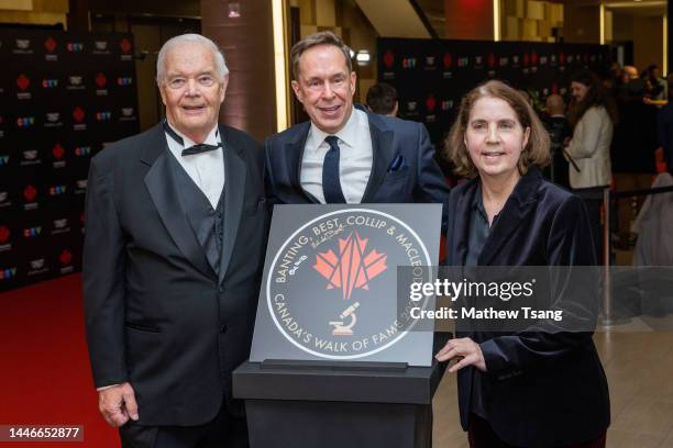 Bob Banting, Jeffrey Latimer, and Melinda Best attend the unveiling of the Canada’s Walk of Fame 2021 commemorative plaque for Frederick Banting and...