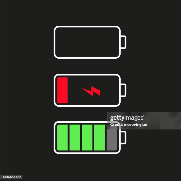 illustrazioni stock, clip art, cartoni animati e icone di tendenza di set di icone dell'indicatore di carica della batteria - basso posizione descrittiva
