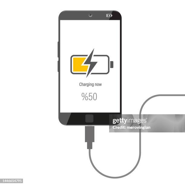 handy-symbol beim laden mit typ-c-ladekabel - battery low stock-grafiken, -clipart, -cartoons und -symbole