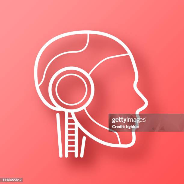 robot head in profile. icon on red background with shadow - smart bot face stock illustrations