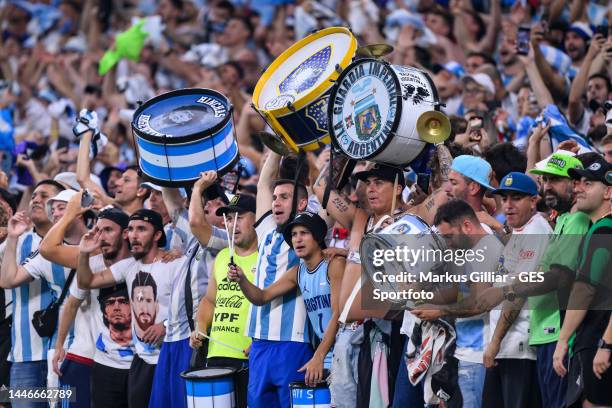 Fans of Argentina celebrate their team during the FIFA World Cup Qatar 2022 Round of 16 match between Argentina and Australia at Ahmad Bin Ali...