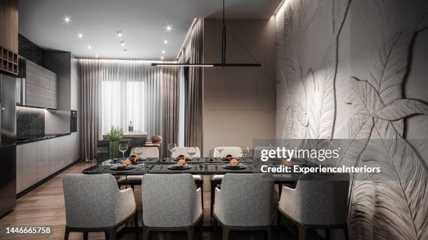 dining table in modern apartment - wall paper 3d stock pictures, royalty-free photos & images